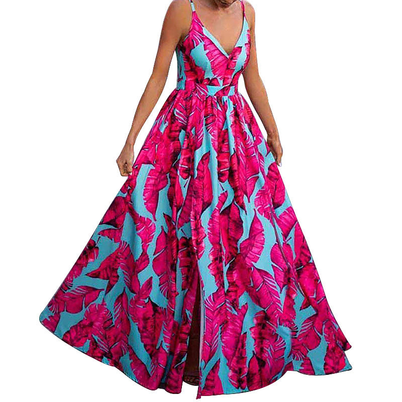 Summer printed belted V-neck low-cut party dress