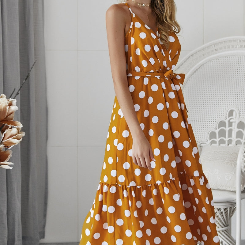 Spring and summer new style fresh and sweet waist suspender polka dot beach dress