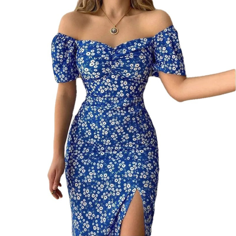 New tube top tea break dress blue floral waisted French dress
