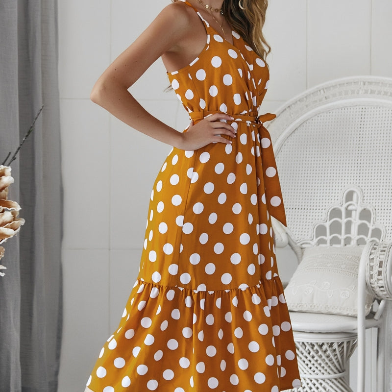 Spring and summer new style fresh and sweet waist suspender polka dot beach dress