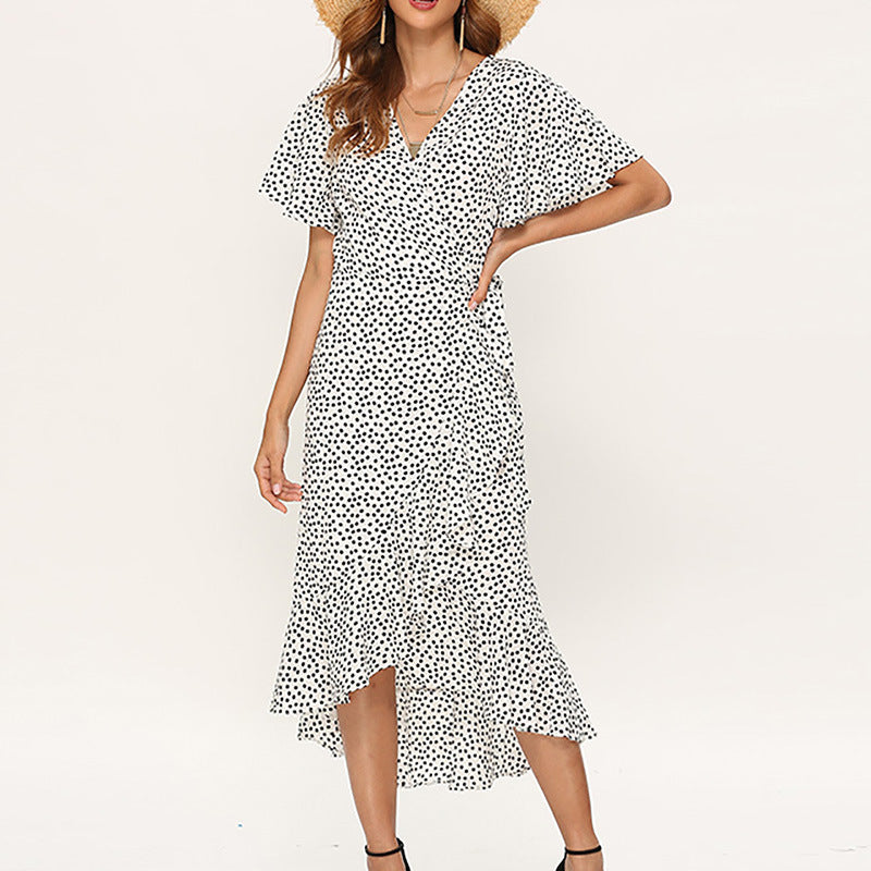 Wrap casual V-neck sexy party printed ruffle dress